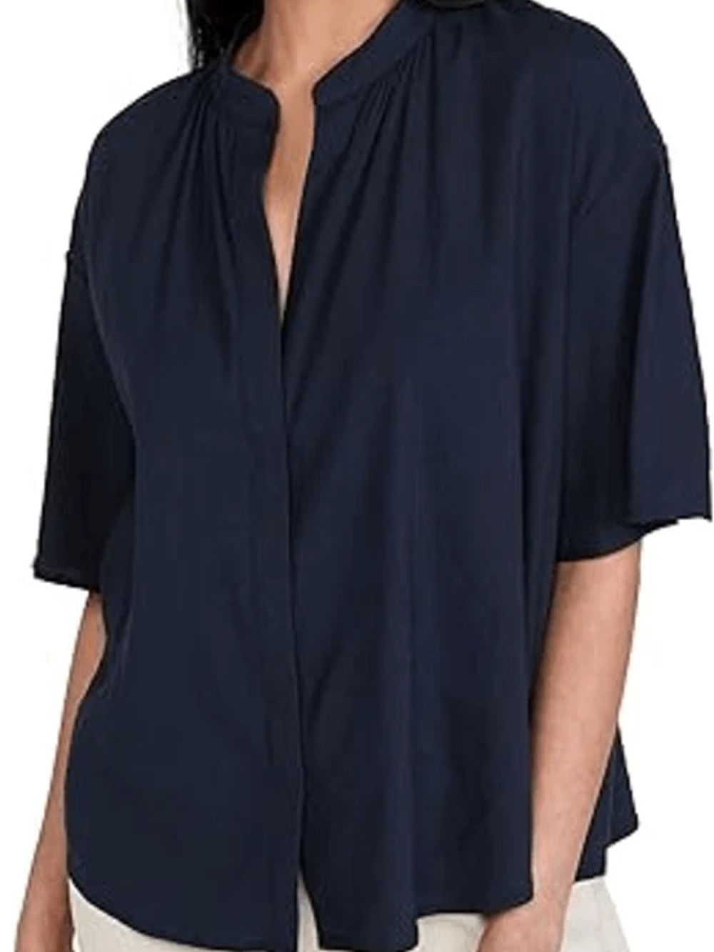 Vince Shirred Band Collar Blouse Linen Blend Short Sleeve Navy Womens Small